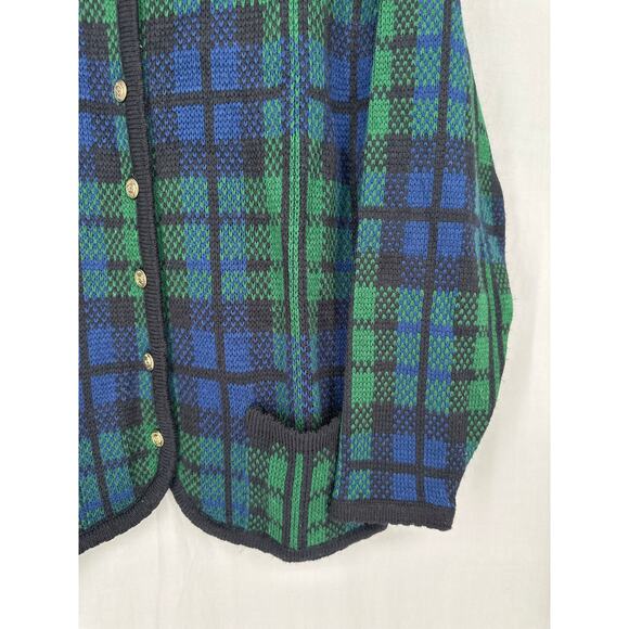 90s Vintage Cardigan Sweater Womens Large Blue Tartan Plaid Green Gold Buttons - Picture 5 of 9